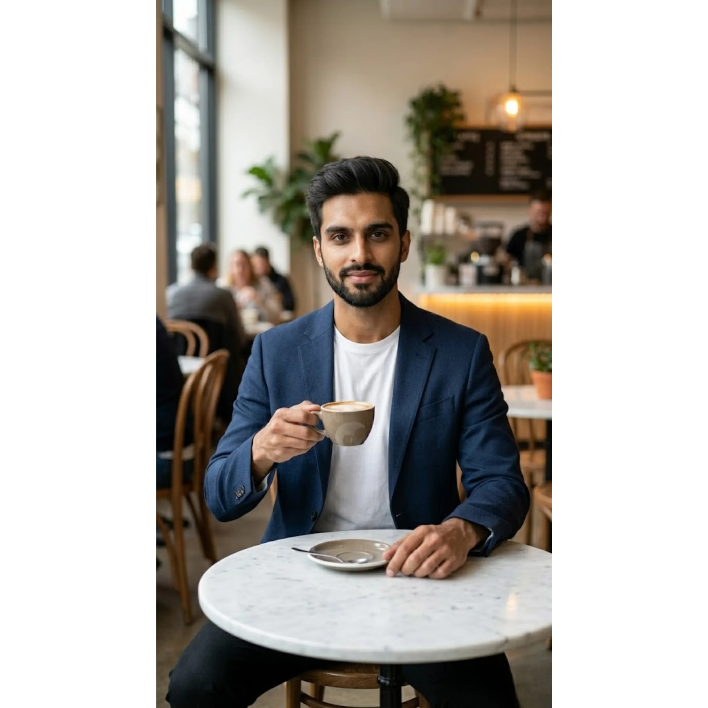Prompt 15 casual cafe aesthetic male portrait with smart-casual styling